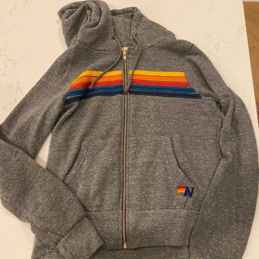 Aviator Nation Women's Stripe Hoodie Heather Grey Zip Sweatshirt